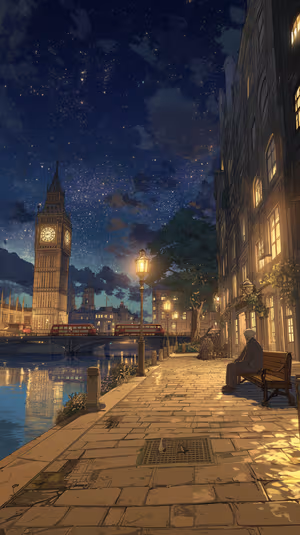 Anime style Big Ben nightscape centered on navy and warm amber tones with glowing lamps and riverside reflections ultra hd 8K.