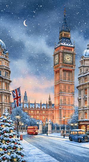 Vintage Big Ben Christmas scene centered on a blue snowy background in a watercolor aesthetic.