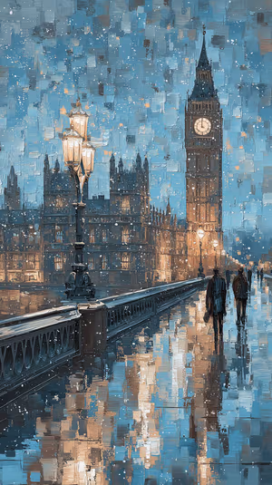 Impressionist Big Ben and Westminster Bridge on a blue amber background with glowing lamps and wet reflections, ultra hd image
