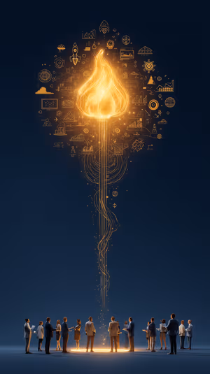 Minimalist innovation flame of tech and analytics icons on a dark backdrop with warm golden glow ultra hd mobile background