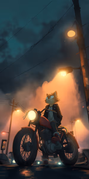 Neon noir anthropomorphic biker cat centered on a midnight blue background in a moody urban aesthetic, ultra HD image.
