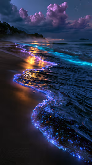 Cinematic bioluminescent beach with glowing blue and purple foam and teal reflections, ultra hd 8K night seascape background