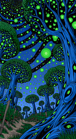 Surreal bioluminescent forest with glowing green orbs on a deep blue night background.