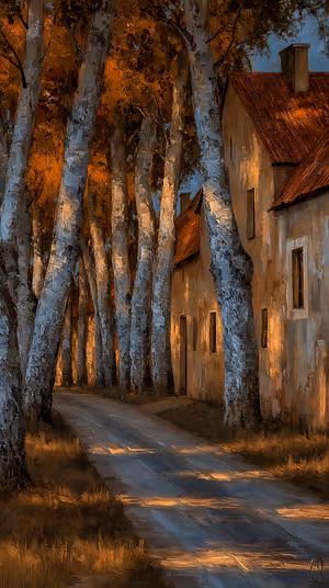 Painterly birch lane with textured bark and dappled amber blue light ultra HD 8K background for iPhone lock screens.