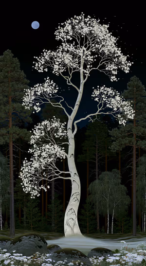 Moonlit Silver Birch Tree — iPhone lock screen wallpaper