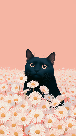 Cute illustrative black cat among daisies on a soft pink background ultra HD phone image