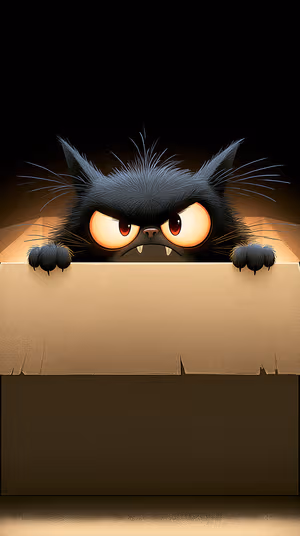 Cartoon black cat peeking from a cardboard box on a dark background, ultra HD 8K mobile background