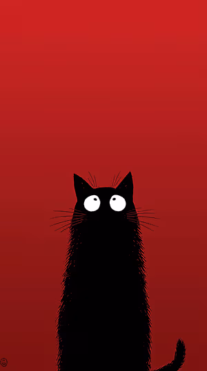 Minimalist cartoon black cat centered on deep red background in playful silhouette, ultra hd 8K