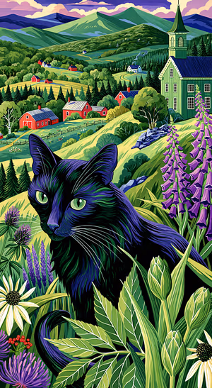 Black Cat Countryside Bloom — iPhone lock screen wallpaper