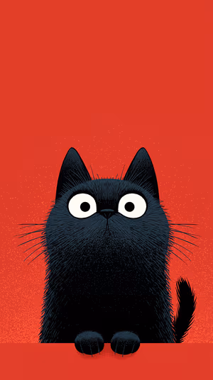 Illustrative black cat with wide eyes centered on a bold red background, ultra hd 8K image.