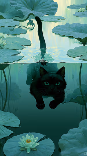 Painterly underwater black cat centered among teal lily pads in a serene, illustrative aesthetic, ultra HD wallpaper
