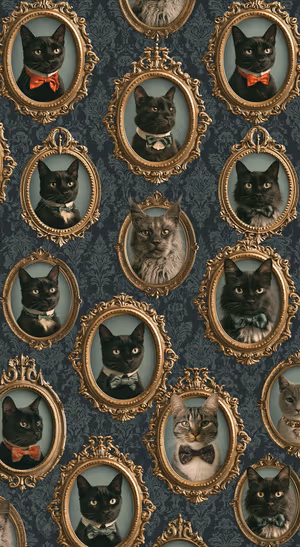 Vintage black cat portraits in ornate gold frames on a dark damask background.