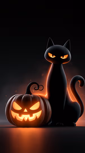 3D stylized black cat and glowing jack o' lantern centered on a black background with orange rim lighting ultra HD image