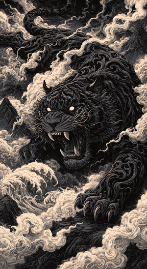 Engraved black panther centered on a black background in engraved fantasy aesthetic.