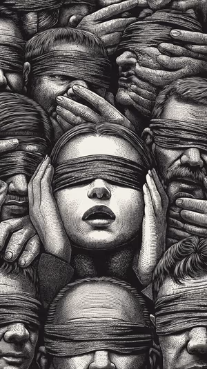 Engraved black and white illustration of blindfolded faces with hands over eyes and ears on a high contrast background, ultra hd
