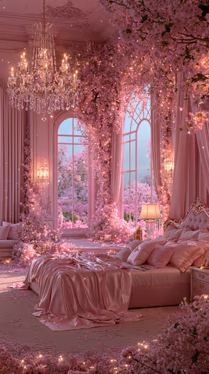 Romantic ultra hd boudoir scene centered on a soft pink floral background in a dreamy luxurious aesthetic.