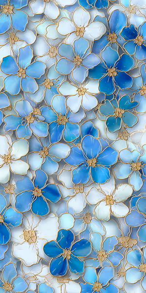 Enamel stained glass floral mosaic of blue blossoms on a soft white blue background with gold filigree, ultra HD 8K image