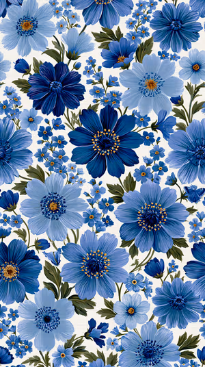 Painterly botanical blue flowers on a white background in an elegant pattern, ultra HD background for iPhone