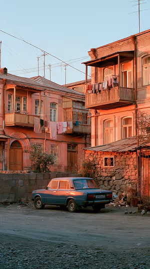 Cinematic street scene with a vintage blue car and laundry lined balconies on a warm pink sunset background, ultra hd wallpaper.
