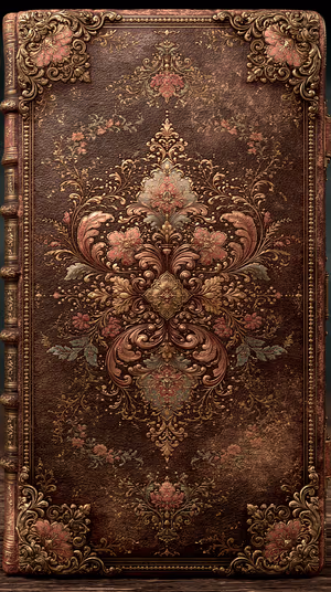 Ornate baroque book cover embossed with gilded filigree and floral motifs on brown gold leather ultra hd image
