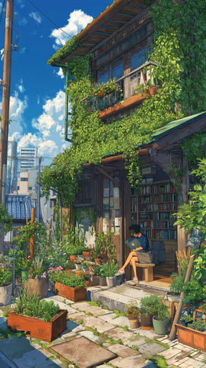 Anime style bookstore scene centered on sunlit green tones with ivy, porch, and a girl reading ultra hd 8K image.