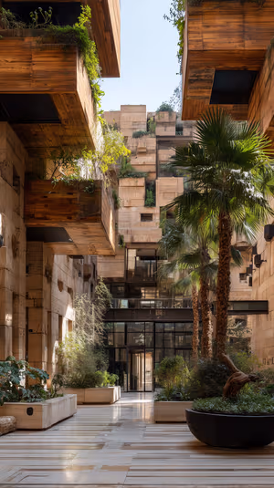 Sunlit modern botanical atrium centered on neutral concrete and timber tones with palms in a minimalist aesthetic ultra HD image.