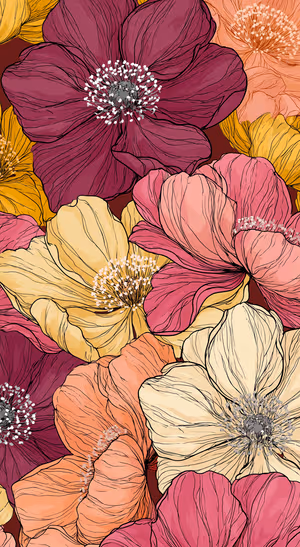 Botanical Flowers Burgundy Line Art