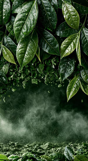Photographic botanical leaves with dewdrops on a deep green background in a moody nature aesthetic.