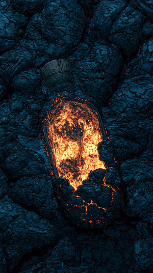 Surreal bottle tree glowing in a glass vial set against cracked teal rock ultra HD 8K image