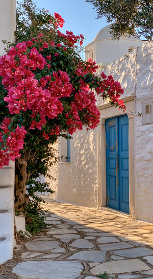 Mediterranean bougainvillea framing a blue door against whitewashed walls in a coastal aesthetic.