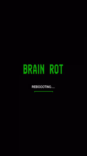 Pixel glitch BRAIN ROT reboot text with neon green progress bar centered on a black background in retro pixel art aesthetic