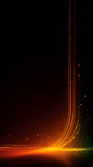 Neon abstract light trails arcing upward on an orange and green glow over deep black; ultra HD 8K mobile background.