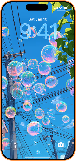 Wallpaper preview on iPhone 17 Pro Max running iOS 26 - iridescent bubble sky