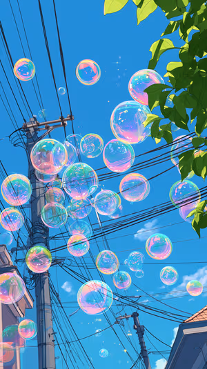 Anime style iridescent bubbles centered on a vivid blue sky with utility poles and sunlit leaves ultra HD wallpaper