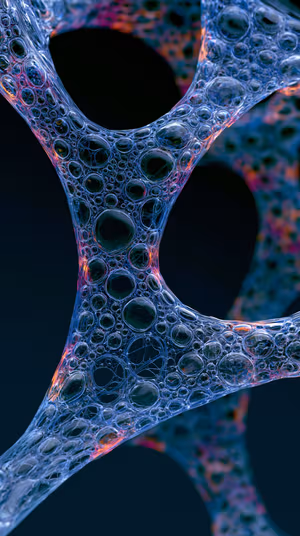 Iridescent glass bubble mesh on deep blue background with neon pink accents, ultra HD abstract 3D image