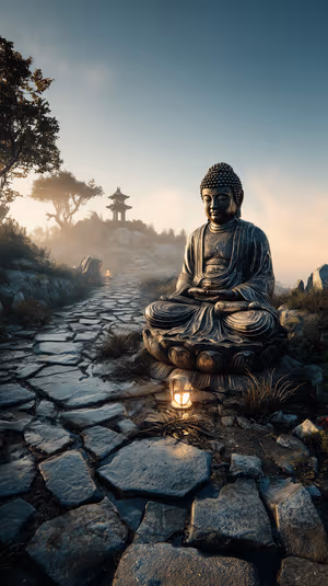 Cinematic Buddha statue seated on a stone path with a glowing lantern, blue gray morning tones, ultra HD 8K background.