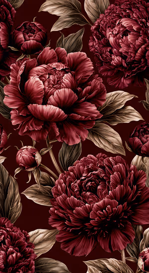 Vintage peony flowers in burgundy tones on a dark brown botanical background