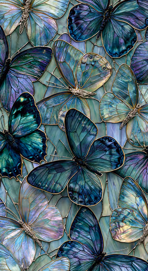 Stained glass butterflies arranged on a teal and purple mosaic background.
