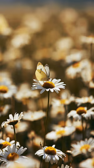 Macro photo of a butterfly perched on a daisy, centered on warm golden bokeh background in photographic aesthetic.