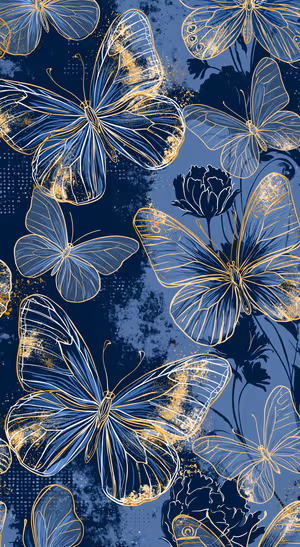 Botanical butterfly pattern centered on a navy blue background in a botanical aesthetic.