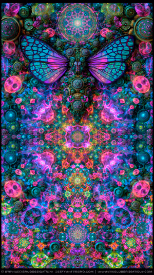 Psychedelic butterfly mandala centered on neon teal and magenta fractal background in kaleidoscopic aesthetic, ultra HD.