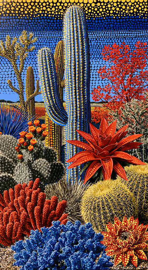 Pop art cactus garden with vivid blue, red, and yellow tones in a pointillist aesthetic.