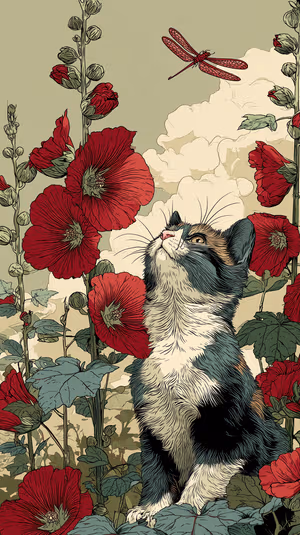 Vintage illustrated calico cat centered among red poppies on a muted green background ultra HD phone image.