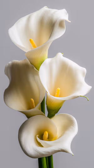 Minimalist macro Calla lilies on soft gray background with white petals and yellow centers, ultra HD background.