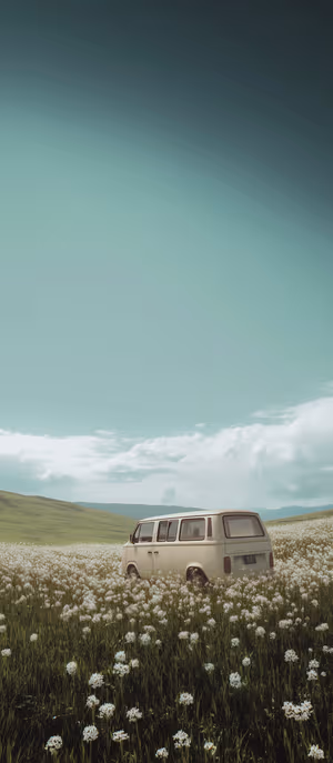 Vintage camper van centered on a teal and green meadow background in a nostalgic retro aesthetic, ultra HD image.