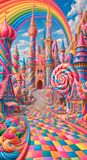 Whimsical candy castle centered beneath a rainbow on a vibrant blue background in a colorful fantasy aesthetic.