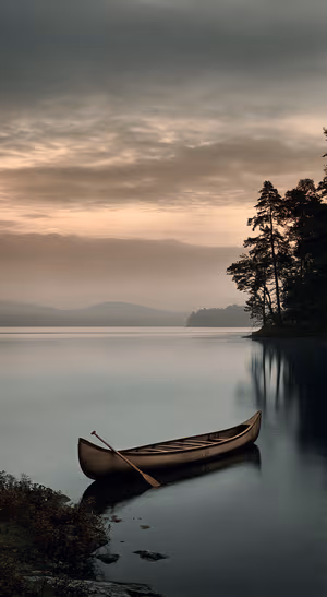 Moody lake canoe centered on a gray background in cinematic nature aesthetic.