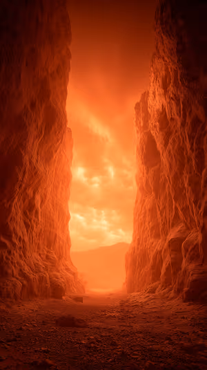 Cinematic canyon passage centered on an orange background with dramatic rock walls in ultra hd 8K