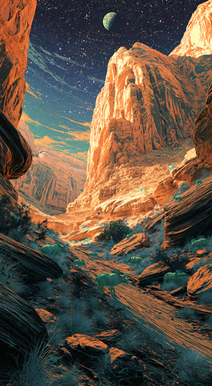 Surreal canyon landscape under a starry orange and teal sky in an illustrated aesthetic