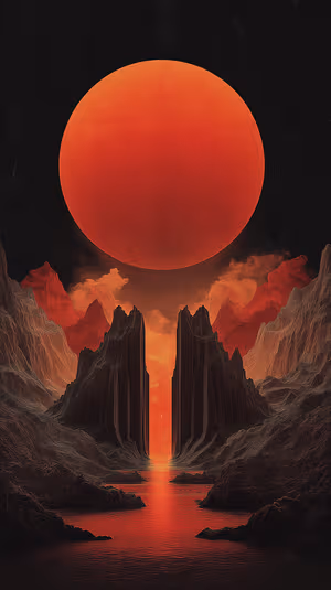 Surreal red canyon with giant crimson sun on black background in cinematic, moody digital aesthetic.